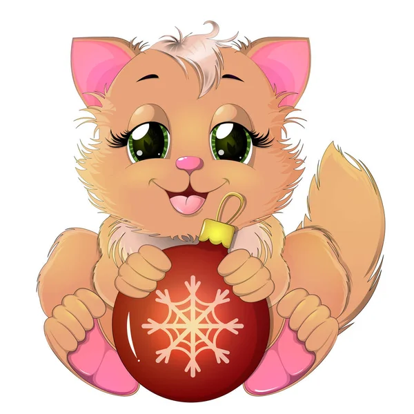 Carino gatto tenendo palla di Natale . — Vettoriale Stock