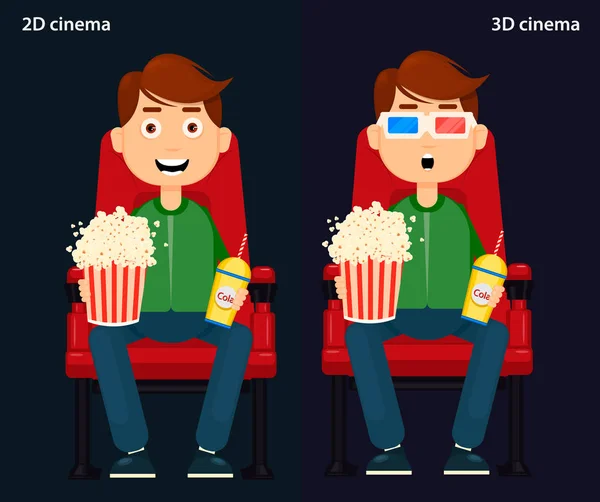 Man Sitting in the Cinema and Watching a Movie, 2D and 3D cinema. — Stock Vector