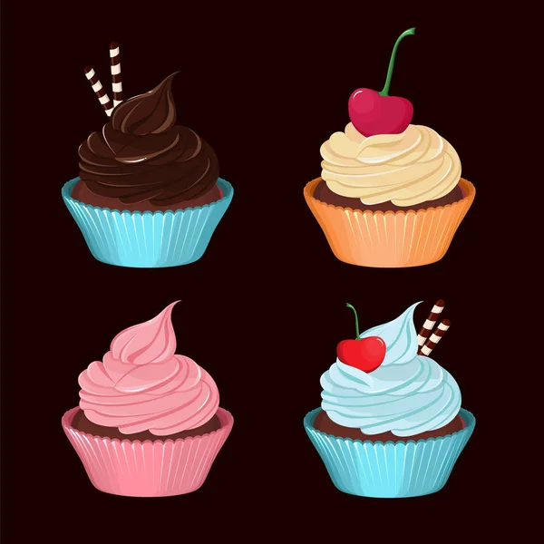 Cupcakes. Set of vector tasty cupcakes with cream. — Stock Vector
