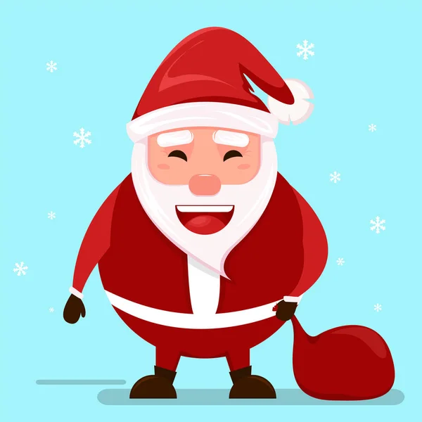Lächelnd fröhlicher Cartoon-Weihnachtsmann, der die Tasche mit Geschenken in der Hand hält. Weihnachtsmann wünscht frohe Weihnachten. — Stockvektor