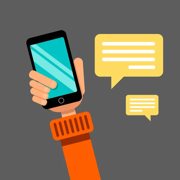 Handhaltendes Smartphone. Kommunikation über soziale Netzwerke und Webseiten. flache Bauweise. Aktienvektorabbildung. — Stockillustration Handhaltendes Smartphone. Kommunikation über soziale Netzwerke und Webseiten. — Stockvektor