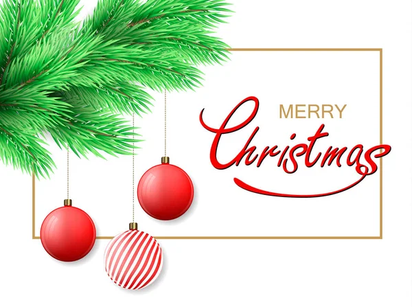 Weihnachtlicher Hintergrund. frohe Weihnachtspostkarte mit Tannenzweig und Weihnachtsschmuck, hängende Kugeln. — Stockvektor
