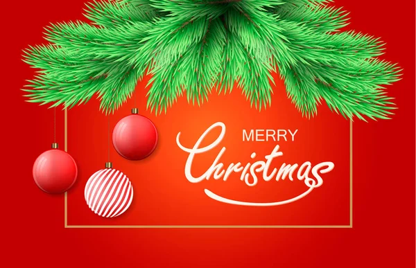 Jul bakgrund. Merry Christmas vykort med fir trädgren och julpynt, hängande bollar. — Stock vektor