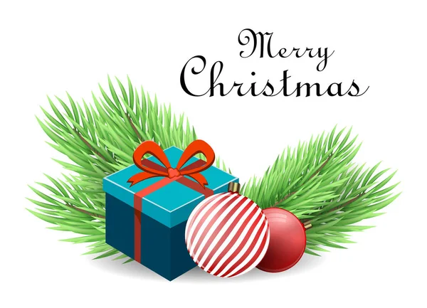 Realistische Weihnachtsbaumzweige, Kugeln und Geschenkschachtel mit Geschenk im Inneren. Frohe Weihnachten und ein gutes neues Jahr Postkarte. — Stockvektor