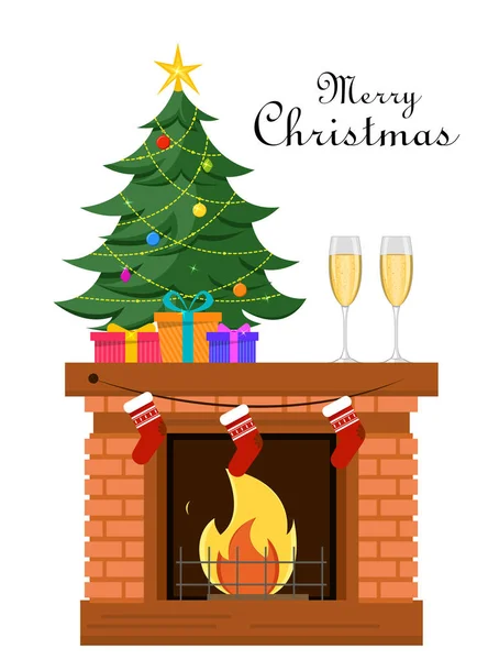 Μινιατούρα χριστουγεννιάτικο δέντρο με δώρα κάτω από το στέκεται στο τζάκι, δύο ποτήρια σαμπάνια σε κοντινή απόσταση. — Διανυσματικό Αρχείο