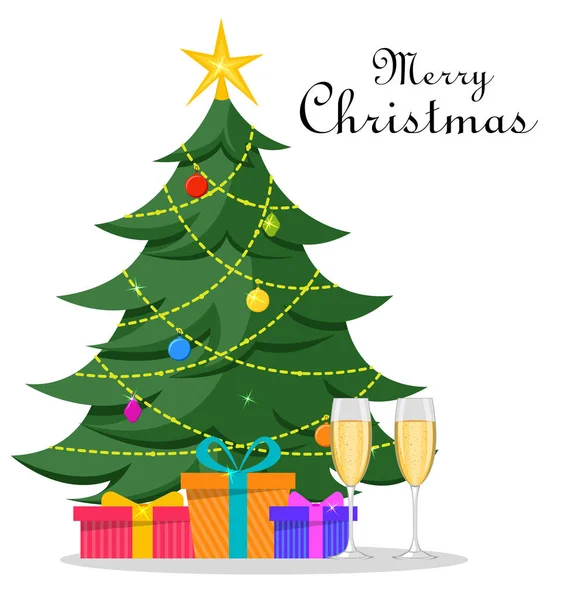 Χριστουγεννιάτικο δέντρο με στολίδια, παρουσιάζει κάτω από το και δύο ποτήρια σαμπάνιας. — Διανυσματικό Αρχείο
