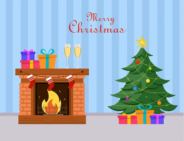 Miniature Christmas tree and gifts under it stands near fireplace, two champagne glasses and gift boxes on fireplace. — Stock Vector