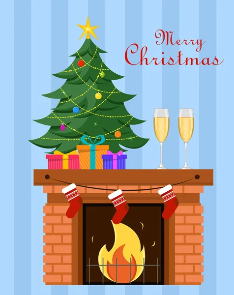 Árvore de Natal em miniatura com presentes embaixo dela fica na lareira, dois copos de champanhe nas proximidades . —  Vetores de Stock