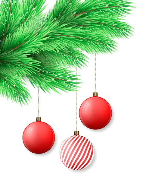 Merry Christmas postcard with fir tree branch and Christmas decorations, red balls.