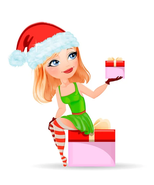 Niedliche cartoon frau, mädchen mit roter mütze mit weihnachtsgeschenken von santa für weihnachten, neues jahr, — Stockvektor