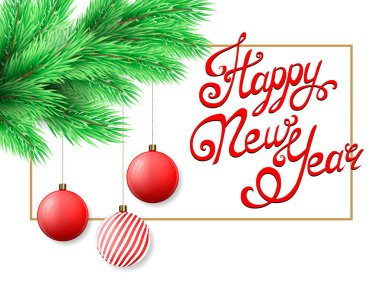 Mutlu yeni yıl ve mutlu Noeller kartpostal köknar ağacı dalı ve Noel süslemeleri ile. Mutlu yeni yıl yazı, el yapımı hat. Vektör çizim.