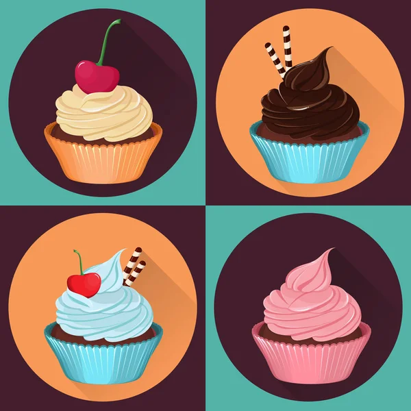 Quattro cupcake, illustrazione vettoriale realistica. Gustosi cupcake con panna e ciliegia. Elemento di design — Vettoriale Stock