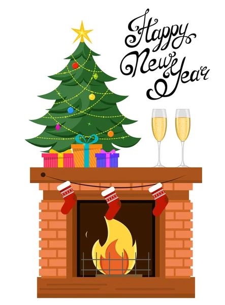 Árbol de Navidad miniatura con regalos debajo de ella se encuentra en la chimenea, dos copas de champán cerca. Fondo blanco. Feliz Navidad y Feliz Año Nuevo postal. Lettering, caligrafía hecha a mano — Vector de stock