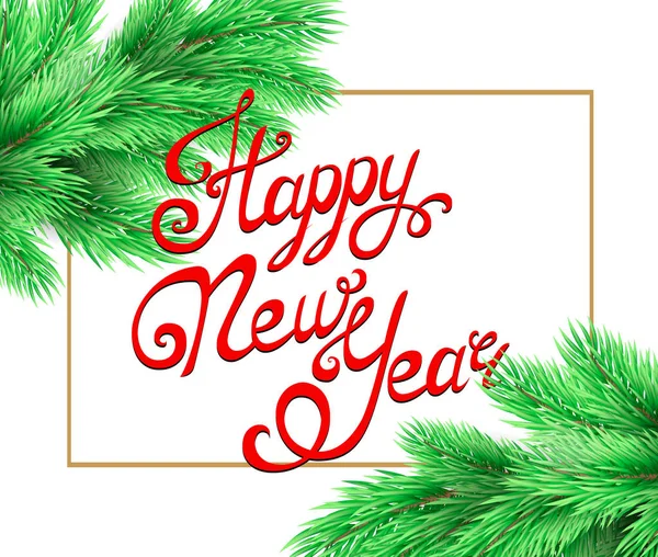 Feliz Año Nuevo y Feliz Navidad postal con rama de abeto y decoraciones navideñas sobre fondo blanco. Feliz Año Nuevo, caligrafía hecha a mano. Ilustración vectorial . — Vector de stock