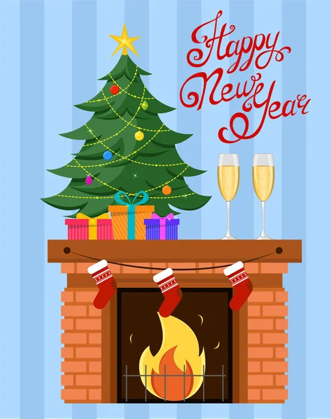 Árbol de Navidad miniatura con regalos debajo de ella se encuentra en la chimenea, dos copas de champán cerca. Fondo rayado azul. Feliz Navidad y Feliz Año Nuevo postal. Lettering, caligrafía hecha a mano — Vector de stock