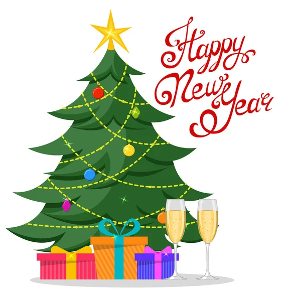 Árbol de Navidad con decoraciones, regalos debajo y dos copas de champán. Feliz Año Nuevo letras, caligrafía hecha a mano . — Vector de stock