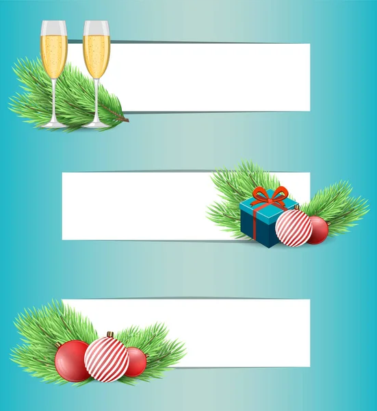 Lager vektor jul banner uppsättning fir trädgren, juldekorationer, champagneglas och nuvarande box. — Stock vektor