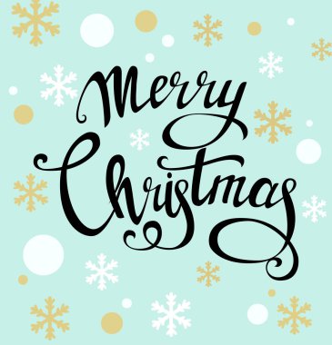 Neşeli Noel güzel yazı, el yapımı hat. Siyah harflerle, mavi zemin üzerine altın ve beyaz kar taneleri. Vektör çizim kış tatilleri için. Hat yazı tipi stili afiş