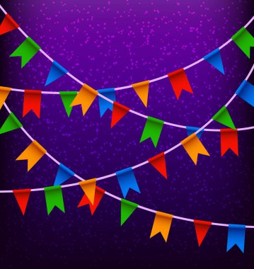Garland renk bayrakları ve mor zemin üzerine konfeti. Çok renkli parlak Festival vektör çizim.