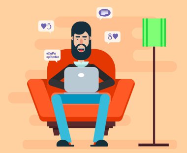 Kucağında bir dizüstü bilgisayar ile bir sandalyede oturan ve Internet tarama adam sakallı. Ev rahat bir atmosfer. Rahat iç hat illüstrasyon.