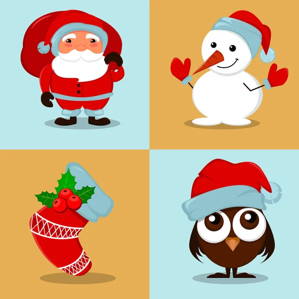 Leuke grappige sneeuwpop, owlet in kerstmuts, lege kerst Sok met holly berry en kerstman met een zak vol cadeaus. Set cartoon vectorillustraties voor winter feestdagen en Nieuwjaar — Stockvector