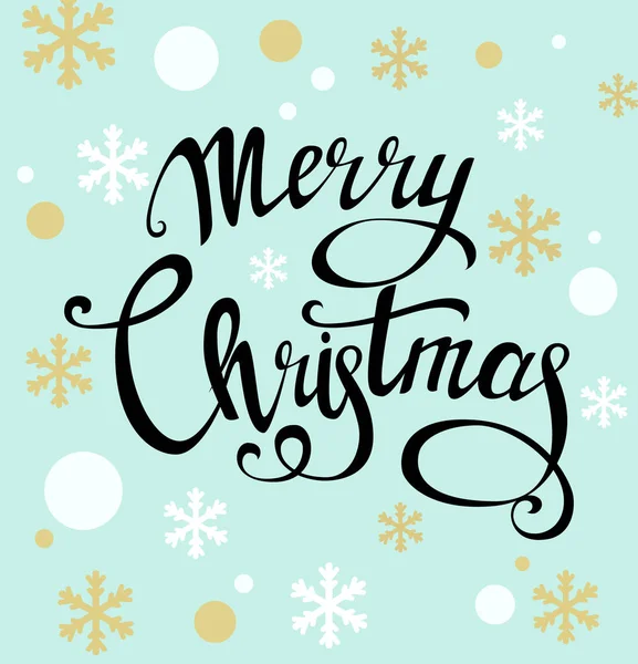 Neşeli Noel güzel yazı, el yapımı hat. Siyah harflerle, mavi zemin üzerine altın ve beyaz kar taneleri. Vektör çizim kış tatilleri için. Hat yazı tipi stili afiş