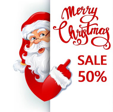 Mutlu gülümseyen bir işaret duran, büyük tabelada Merry Christmas satış yüzde 50 gösterilen Noel. Vektör çizim. Eps10