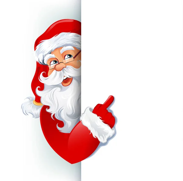Glücklich lächelnder Weihnachtsmann, der hinter einem Schild steht, das auf einem großen leeren Schild steht. Vektorillustration. eps10 — Stockvektor