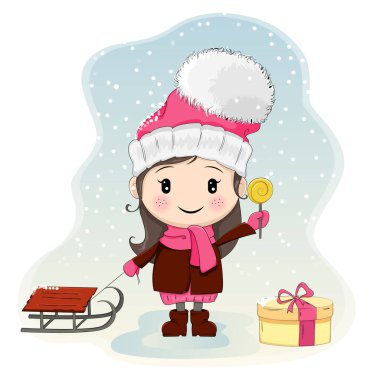 Cute little girl with sled standing near gift-box and eating candy. Pretty girl in winter clothes, hat with big pompon. Vector illustration. Usable as a print or poster. EPS10 clipart