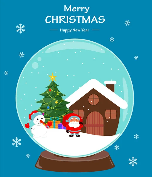 Kerstman, kerstboom, sneeuwpop, presenteert en huis, scène in sneeuwbol. Prettige kerstdagen en gelukkig nieuw jaar. Vectorillustratie op blauwe achtergrond. — Stockvector