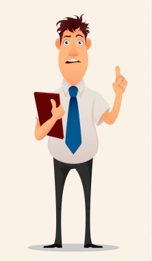 İşadamı, ofis çalışanı. Modern yaratıcı genç adam onun elinde bir klasörle parmak yukarıya doğru bir fikir olan kaldırdı. Eureka. Çizgi film şirin tasarımı. Düz stil. Beyaz arka plan üzerinde izole.