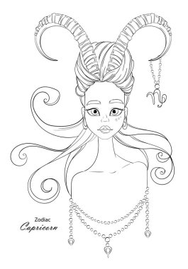 Oğlak burç dekoratif süsler ile güzel bir kız olarak. Çizgi vektör çizim.