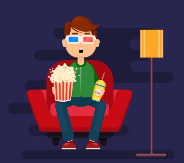Evde rahat koltukta oturan ve 3d gözlük film izlerken genç adam. Patlamış mısır, soda, sakin ol. Renkli karikatür vektör çizim, düz stil.