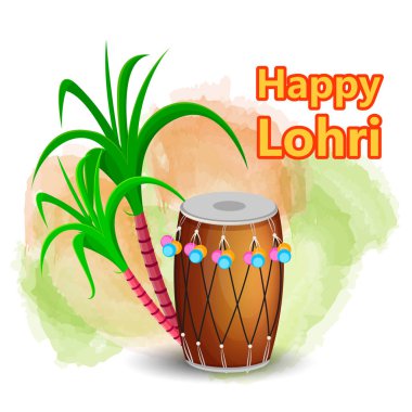 Davul ve şeker kamışı, Punjabi geleneksel Festival ile mutlu Lohri tebrik kartı. Beyaz arka plan üzerinde vektör çizim