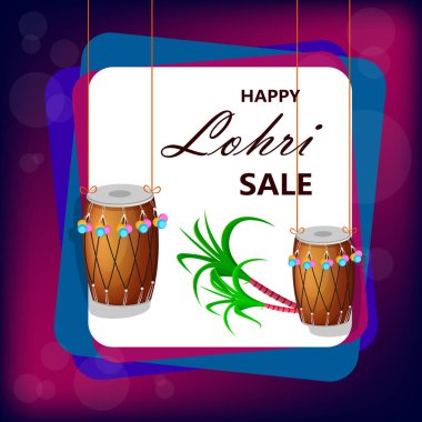 İki asma davul ve şeker kamışı, Punjabi geleneksel Festival ile mutlu Lohri satış banner. Menekşe arka plan üzerinde vektör çizim