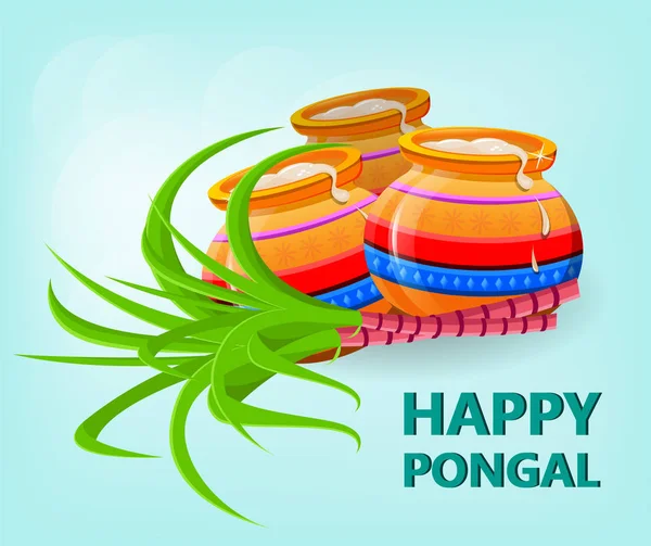 Happy Pongal greeting card on gentle blue background. Makar sankranti. Poster. Happy Lohri. Vector illustration. — Stock Vector