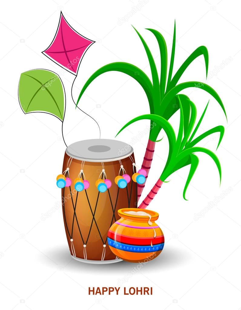 Happy Lohri greeting card with drum, kite and sugarcane, Punjabi traditional Festival. Vector illustration on white background