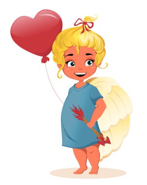 Sevimli çizgi melek kız ile hava balonunda bir kalp şeklinde ve oklarla elleri. Güzel melek kız aşk tanrısı gibi. St Sevgililer günü vektör çizim beyaz arka plan üzerinde