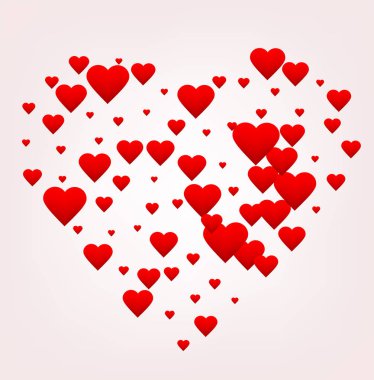 Mutlu Sevgililer günü tebrik kartı. Kırmızı kalp şekli birçok küçük Kalpler, aşk hakkında tebrik kartı yapılır. Poster Yazdırma. Vektör çizim. Eps10