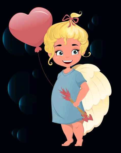 Niedlichen Zeichentrick-Engelmädchen mit Luftballon in der Form eines Herzens und mit Pfeilen in ihren Händen. schöne Engelmädchen wie Amor. st. valentines day vektorillustration. Grußkarte oder Poster. — Stockvektor
