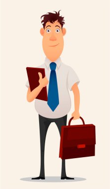 İşadamı, ofis çalışanı. Modern yaratıcı gülümseyen genç adam ile bir klasör ve onun elinde bavul. Çizgi film şirin tasarımı. Düz stil. Beyaz arka plan üzerinde izole.