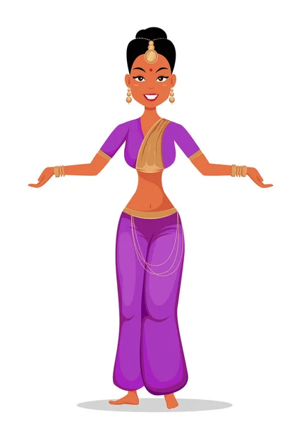 Personaje de chica india en ropa tradicional hermosa y la realización de danza tradicional. Mujer asiática. Ilustración de dibujos animados vectoriales. EPS10 — Archivo Imágenes Vectoriales