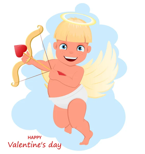 Bebê Cupido segurando um arco com seta em forma de coração. Feliz dia dos namorados cartão de saudação ou cartaz. Desenhos animados ilustração vetorial — Vetor de Stock