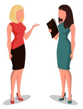 İki genç iş ofis giysili kadınları karikatür. Güzel kızlar toplantı için hazırlanıyor. İzometrik iş kadınları Infographic, tasarım öğesi için 3d etkisi ile. Meçhul. Vektör