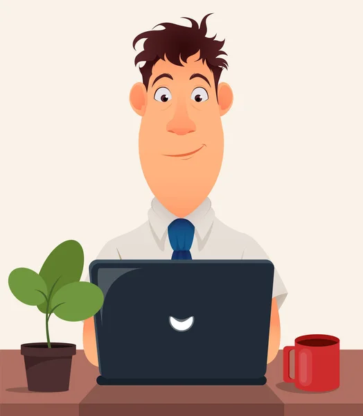 Бізнесмен-підприємець працює на портативному комп'ютері в офісному столі. Милий персонаж мультфільму. Сучасний колір Векторні ілюстрації . — стоковий вектор