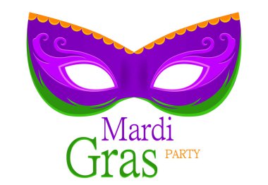 Mardi Gras mor karnaval maskesi süslemeli poster, tebrik kartı, yeni yıl eğlencesi daveti, afiş veya beyaz arka plan olarak görüntüle. Eps10. Vektör çizim.