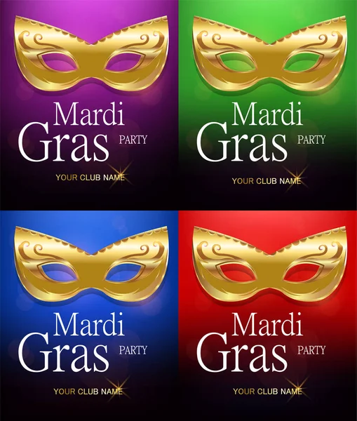 Mardi Gras set di maschere di carnevale dorato con ornamenti per poster, biglietto di auguri, invito alla festa, striscione o volantino su bellissimi sfondi rossi, verdi, viola e blu. EPS10. Illustrazione vettoriale . — Vettoriale Stock