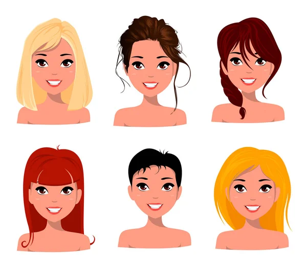 Mujeres guapas jóvenes, caras bonitas con diferentes peinados. Dibujos animados hermosa chica, estilo plano. Mujer de negocios Avatar. Ilustración vectorial . — Vector de stock