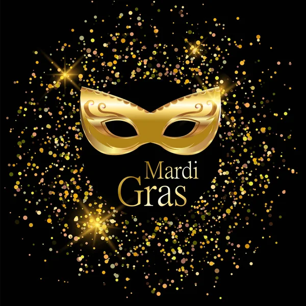 Mardi Gras Altın Karnaval maskesi için poster, tebrik kartı, yeni yıl eğlencesi daveti, afiş veya el ilanı altın kum ile siyah arka plan üzerine süslemeli. Eps10. Vektör çizim. — Stok Vektör