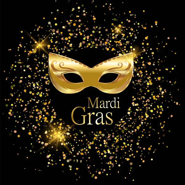 Maschera di carnevale dorato Mardi Gras con ornamenti per poster, biglietto di auguri, invito alla festa, striscione o volantino su sfondo nero con sabbia dorata. EPS10. Illustrazione vettoriale . — Vettoriale Stock